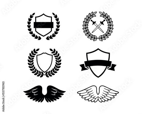 Collection of heraldic silhouettes shields wings and swords silhouette