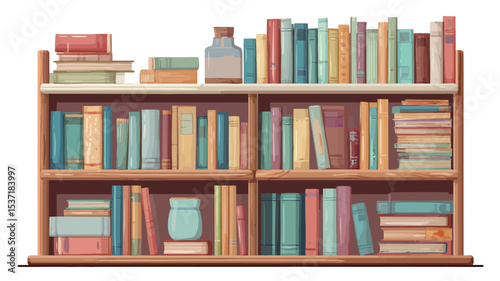 A digital illustration of a full, two-tiered wooden bookshelf against a white background.  The bookshelf is filled with numerous books of varying sizes, colors, and thicknesses.