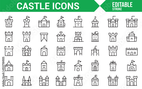 Editable Set of Castle and Fortress Icons for Historical and Medieval Designs