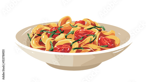 A digital illustration depicting a shallow white bowl filled with pasta. The pasta appears to be tossed with cherry tomatoes, which are halved and interspersed among the pasta.