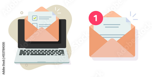 New email mail message reminder in open envelope icon vector graphic illustration set, vote form list letter received on pc computer screen notice notification flat modern image