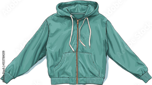 A full-frontal, close-up studio shot depicts a teal-colored zip-up hoodie jacket. The jacket is laid flat, showcasing its details, including a front zipper with a visible drawstring hood. 