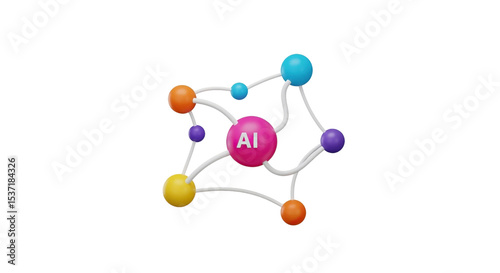 Molecular model of aluminum with connected spheres in various vibrant hues and white lines on transparent background