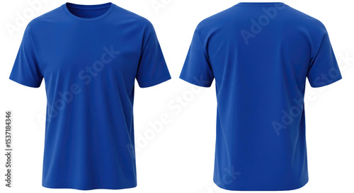 Two views of a vibrant blue short sleeved t shirt presented side by side front and back facing forward on transparent background