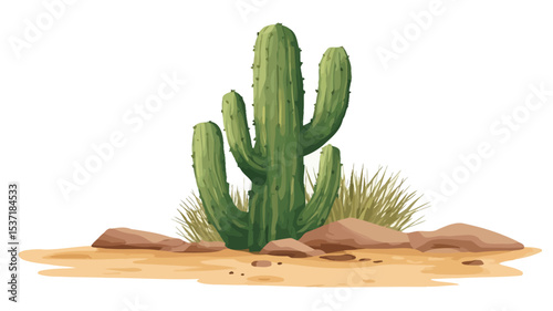 A digital illustration depicting a single, large, green cactus plant with multiple stems.  The cactus is centrally positioned against a white background.  Around the base of the cactus are smaller