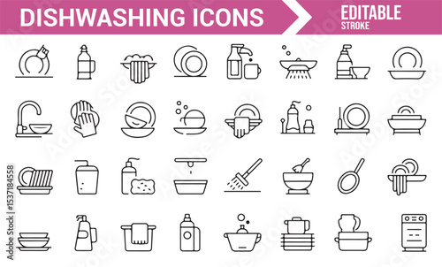 Icons for Dishwashing, Kitchen Cleaning, and Household Chores in Editable Format