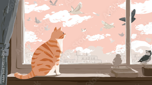 Digital illustration featuring an orange tabby cat sitting on a windowsill, gazing out at a variety of birds flying against a pastel-colored sky with clouds. The style is reminiscent of children��s