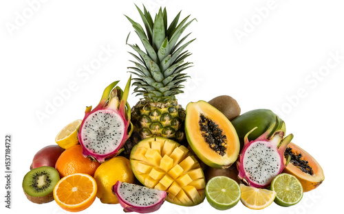 Vibrant Tropical Fruits Composition featuring Pineapple Mango Papaya Kiwi Dragon Fruit and Citrus for healthy food and drink concepts