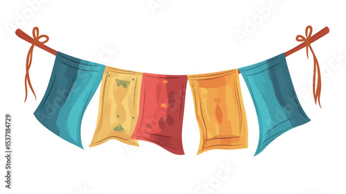 A digital illustration depicting five rectangular prayer flags of varying colors (blue, yellow-gold, red, orange-yellow, teal) hanging from a thin red string tied with bows at each end. 