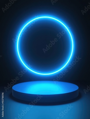 3D blue podium with neon light circle glows behind a podium in a dark room, technology concept, product display, mockup, showroom, showcase photo