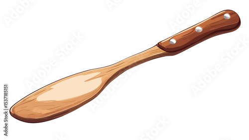 A digital illustration of a wooden spatula. The spatula is light brown with a slightly darker, wider, oval-shaped head. The handle is a darker brown wood, and is slightly thicker than the spatula