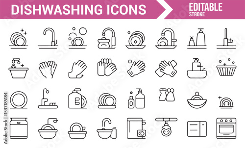 Set of Dishwashing and Cleaning Icons in Editable Vector Format