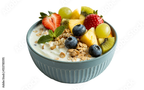 Delicious yogurt parfait bowl featuring fresh strawberries, blueberries, kiwi, pineapple, and granola for a healthy breakfast or snack