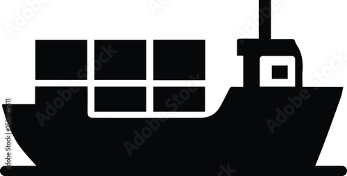 Black cargo ship silhouette with container blocks, ideal for transportation, shipping, and logistics-themed design