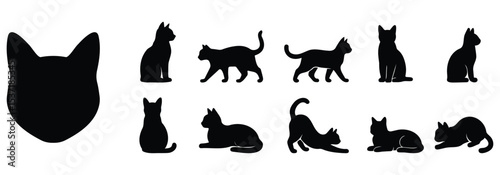 Collection of various cat silhouettes in different poses including sitting, walking, and stretching