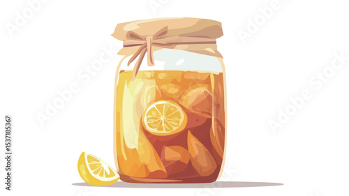 Digital illustration of a glass mason jar filled with a golden-amber liquid.  Visible within the liquid are several lemon slices. The jar has a kraft paper lid secured with twine.