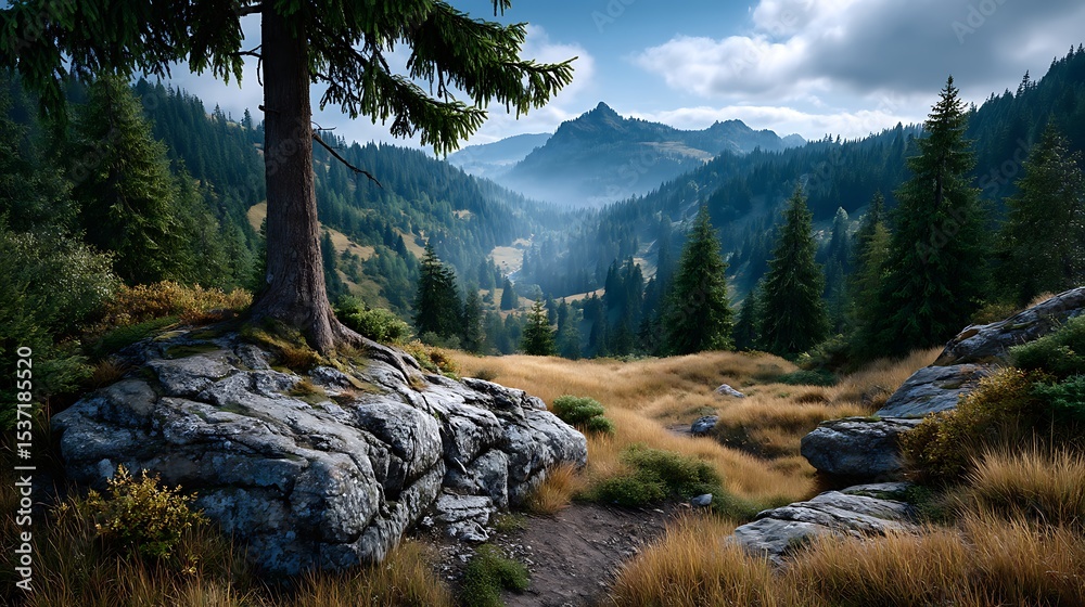 Obraz premium 8. Hillside landscape with layers of mist rolling over forests and grassy meadows during early morning light