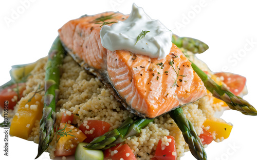 Delicious Grilled Salmon Fillet atop Couscous with Asparagus and Vegetables a Gourmet Seafood Dish