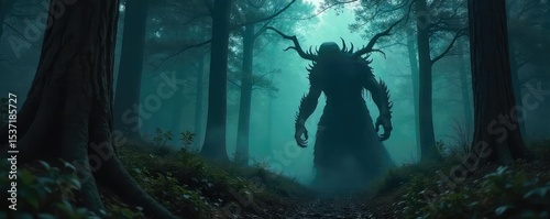 A shadowy, monstrous figure lurking in a dark, gothic forest Its gnarled limbs and terrifying silhouette are barely visible, creating a sense of dread and impending doom , dread, lurking, macabre