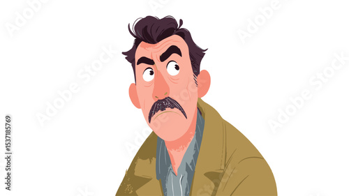 A digital illustration of a cartoon man. The man has dark brown hair, a prominent mustache, and is wearing a light beige or tan colored coat over a gray shirt. His expression is one of suspicion or