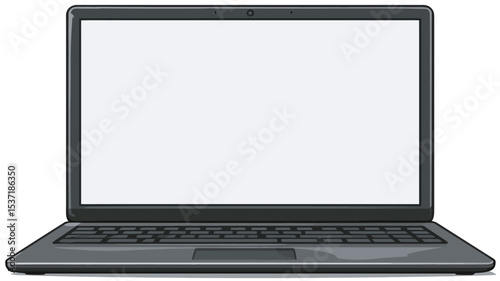 A front view of a dark grey laptop computer with a completely blank white screen. The laptop is shown from a slightly elevated angle, displaying its keyboard, trackpad, and blank screen. 
