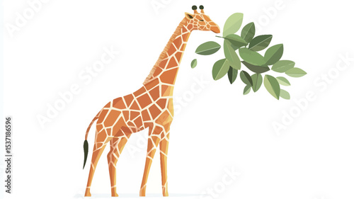 A stylized illustration of a giraffe eating leaves. The giraffe is depicted in a low-poly or polygonal art style with a patchwork of orange and brown shapes forming its coat. The leaves are