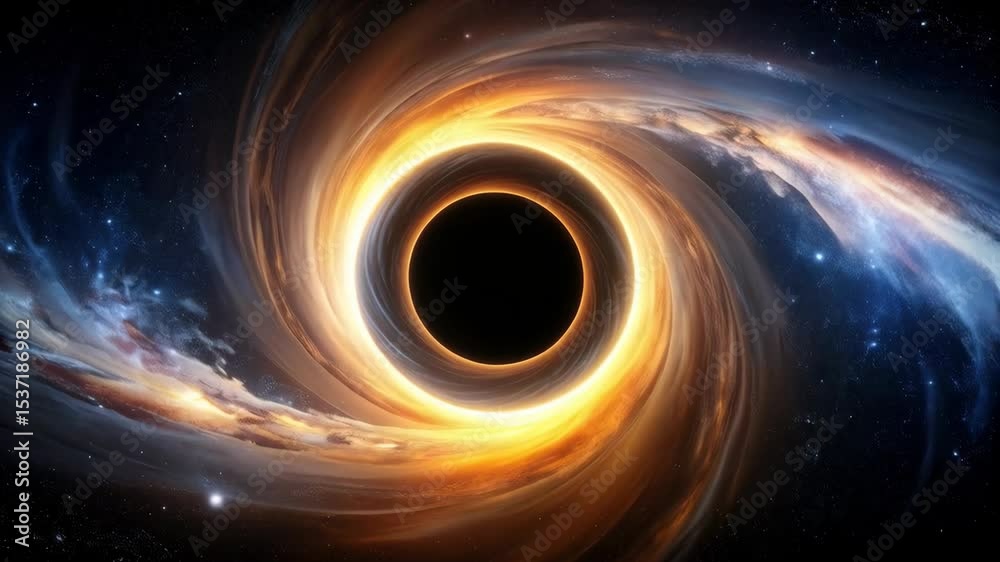 Depiction of a black hole with a vibrant accretion disk against a backdrop of stardust and stars in deep space