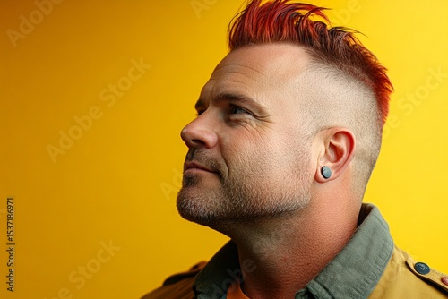 Trendy men's crew cut haircut - midlife white man with red hair. Visual design idea of style for aging men. Yellow solid background. A serene and handsome man posing in style.