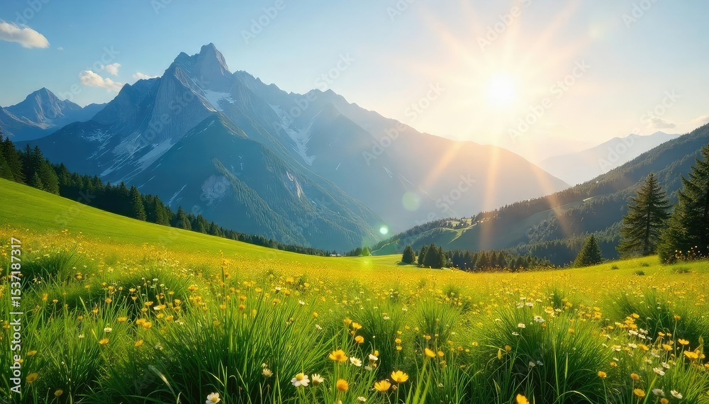 Fototapeta premium A sweeping vista of a sun-drenched meadow stretching to a distant, majestic mountain range under a vast, clear sky The scene evokes a sense of serenity and timeless beauty , summer, vista, beautiful