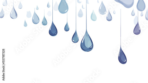 The image is a digital illustration of numerous stylized water droplets in shades of blue and teal hanging against a white background.  The droplets vary slightly in size and shape