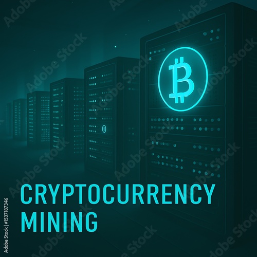 Bitcoin cryptocurrency mining illustration featuring servers and futuristic digital technology