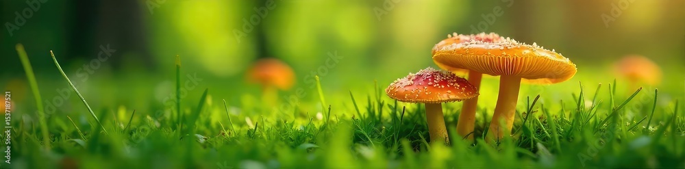 Fototapeta premium Vibrant orange and yellow mushrooms thrive in the lush green summer grass, sunlight dappling through leaves A captivating scene of fungal growth in its natural habitat , summer, idyllic, life cycle