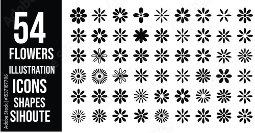 Collection of fifty four flower illustrations icons shapes and silhouettes on a white background