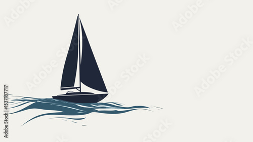 A minimalist vector illustration depicting a black sailboat with white accents sailing on calm, blue water. The style is simple and graphic, with subtle shading to suggest form and movement.