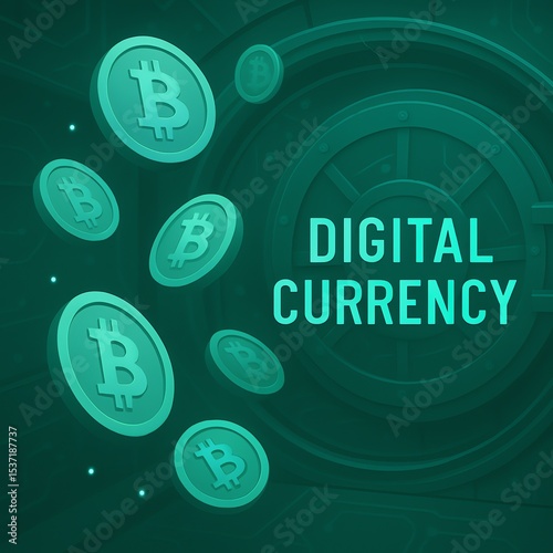 Digital currency concept with bitcoin coins representing decentralized finance and technology