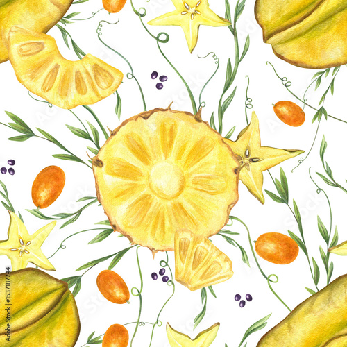 Pineapple slices, kumquats, starfruit, and tropical vines seamless watercolor pattern. Bright summer juicy ornate isolated background. For healthy food branding, exotic packaging