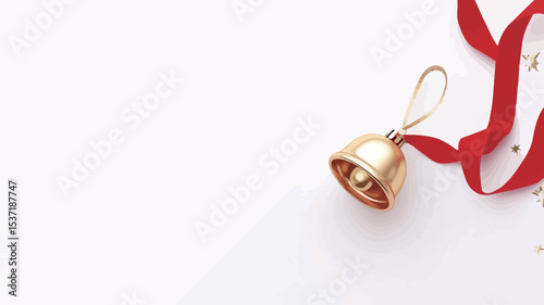 High-angle, close-up view of a small gold bell with a red ribbon on a plain white background. The bell is positioned slightly off-center, with the ribbon curving around it and extending towards the