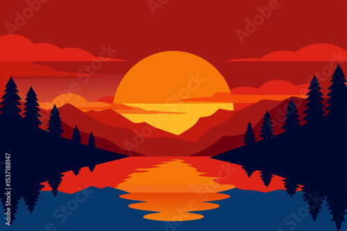 Warm evening sunlight bathes the mountain landscape as the sun dips below the horizon, painting the sky with vibrant orange and red hues reflected softly on the tranquil lake water below