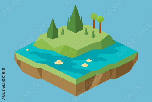 Colorful cartoon landscape vector illustration with a tree, house, and fantasy castle on a green hill under a summer sky and rainbow