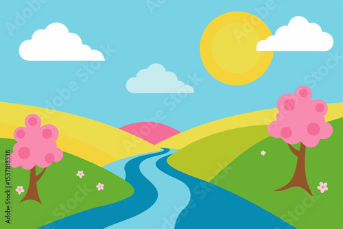A vibrant summer landscape with green trees, rolling hills, and a colorful rainbow arching across a blue sky