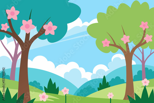 Spring landscape illustration with trees, flowers, and a clear sky