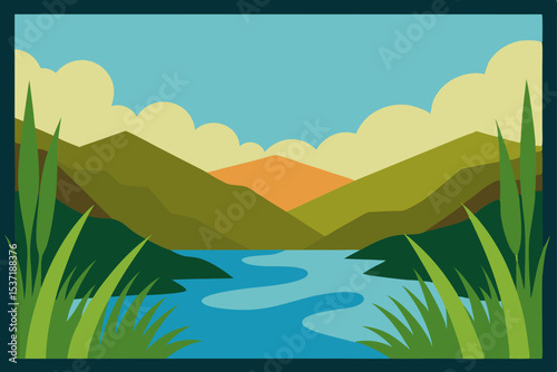 Sunny summer mountain landscape with a lake and green grass fields under a blue sky