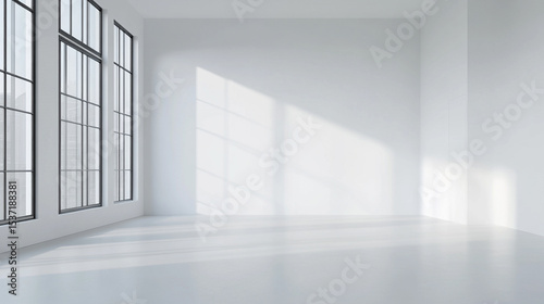 empty white  room with large window and sunlight
