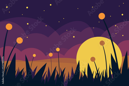 Full moon Halloween night vector illustration with silhouetted trees against a star-filled sky