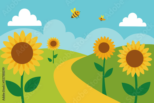 Bright yellow sunflowers bloom under a blue sky in a summer field