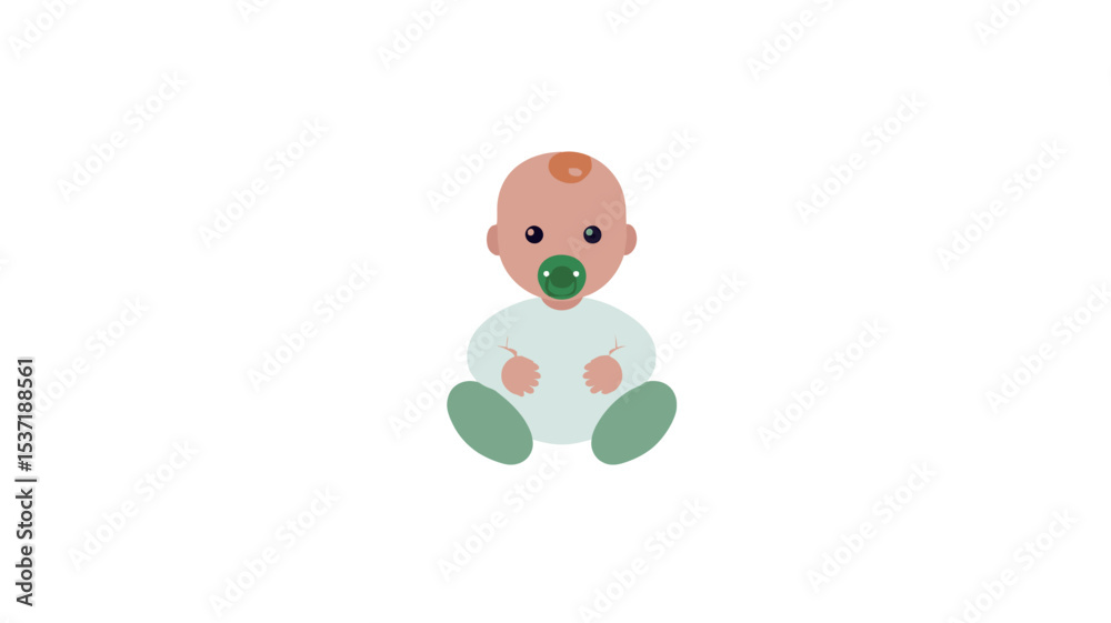 Obraz premium A simple cartoon illustration of a baby sitting down. The baby has a light-peach complexion, a dark-green pacifier, and is wearing a light-blue/white onesie and green booties. 