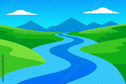 Vibrant summer landscape vector with green hills, blue sky, and majestic mountains under a sunny, cloudy horizon