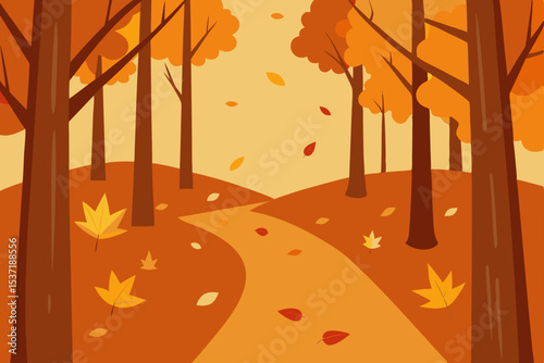 Golden autumn leaves fall naturally on trees in a park and forest, creating a vibrant seasonal illustration for backgrounds and decoration