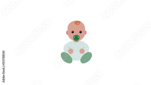 A simple cartoon illustration of a baby sitting down. The baby has a light-peach complexion, a dark-green pacifier, and is wearing a light-blue/white onesie and green booties. 