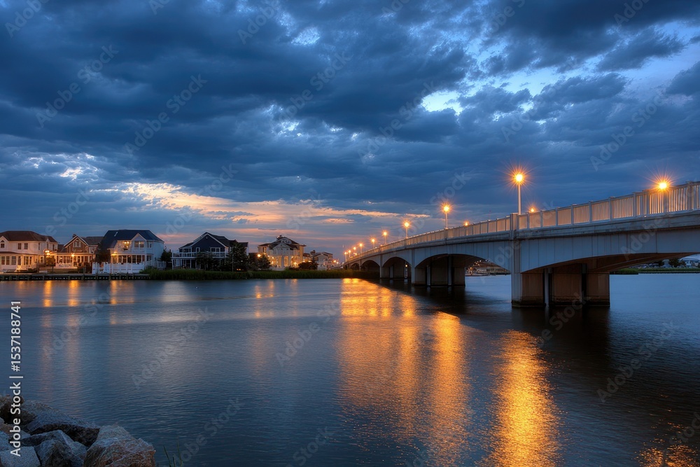 Fototapeta premium A bridge spans a body of water reflecting golden lights under a dramatic cloudy sky at dusk